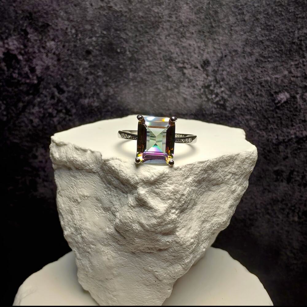 Genuine Oval Mystic Topaz Solitaire Ring in 925 Sterling Silver – Size 8